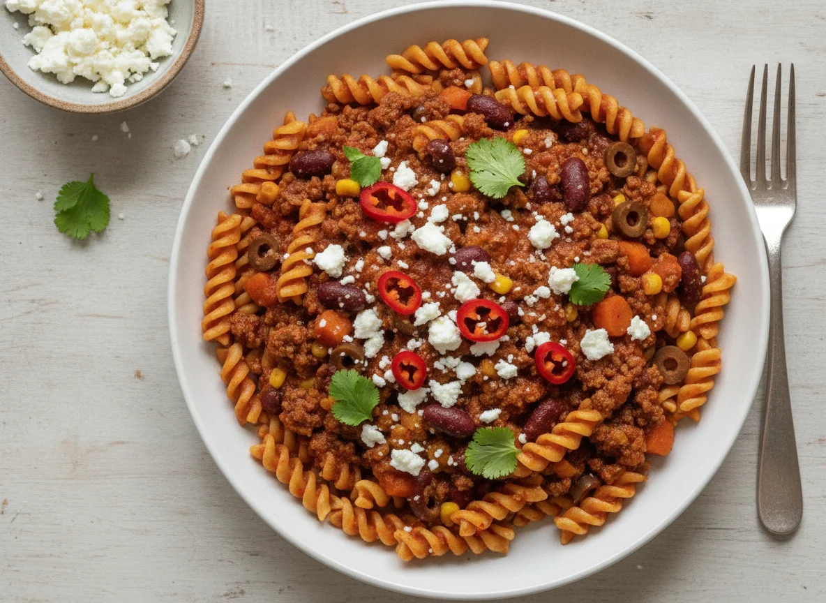 Fusilli pasta with chili con carne and feta cheese photo