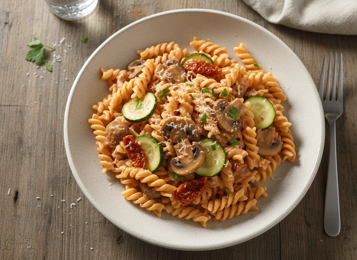 Fusilli pasta with creamy mushroom and zucchini sauce photo
