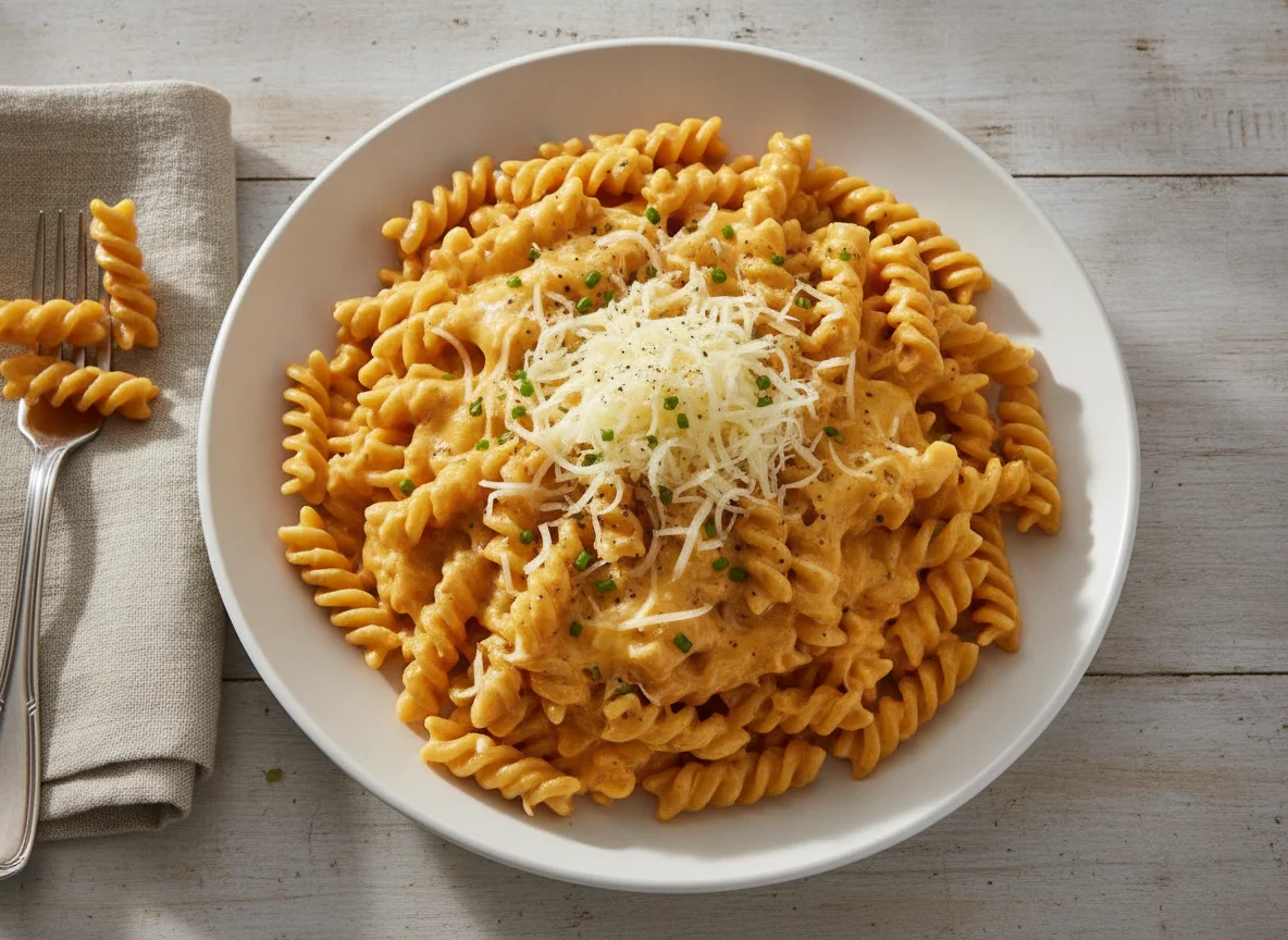 Fusilli Pasta with Creamy Sauce and Cheese photo