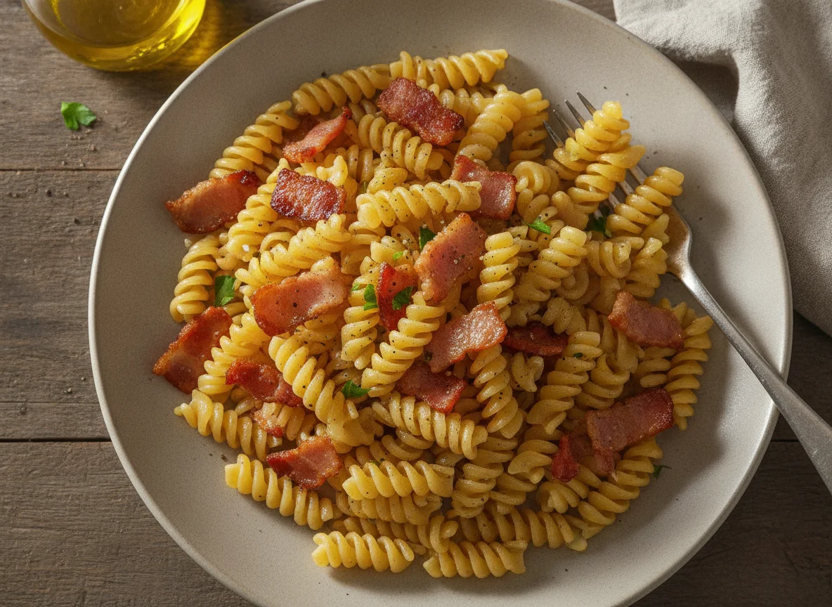 Fusilli pasta with fried bacon photo