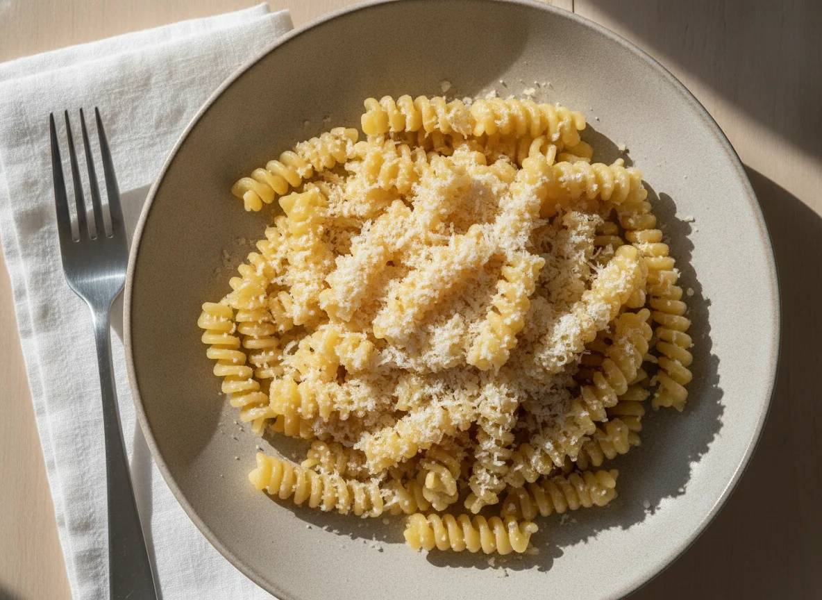 Fusilli pasta with grated cheese photo
