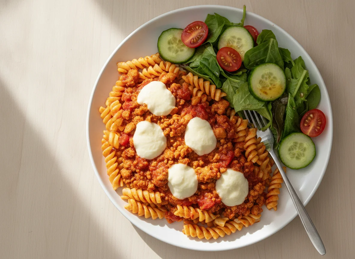Fusilli Pasta with Ground Turkey and Side Salad photo