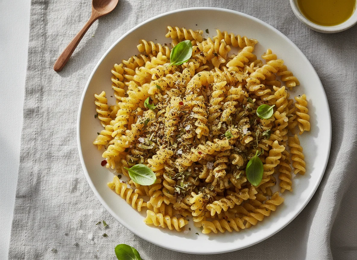 Fusilli pasta with herbs and oil photo