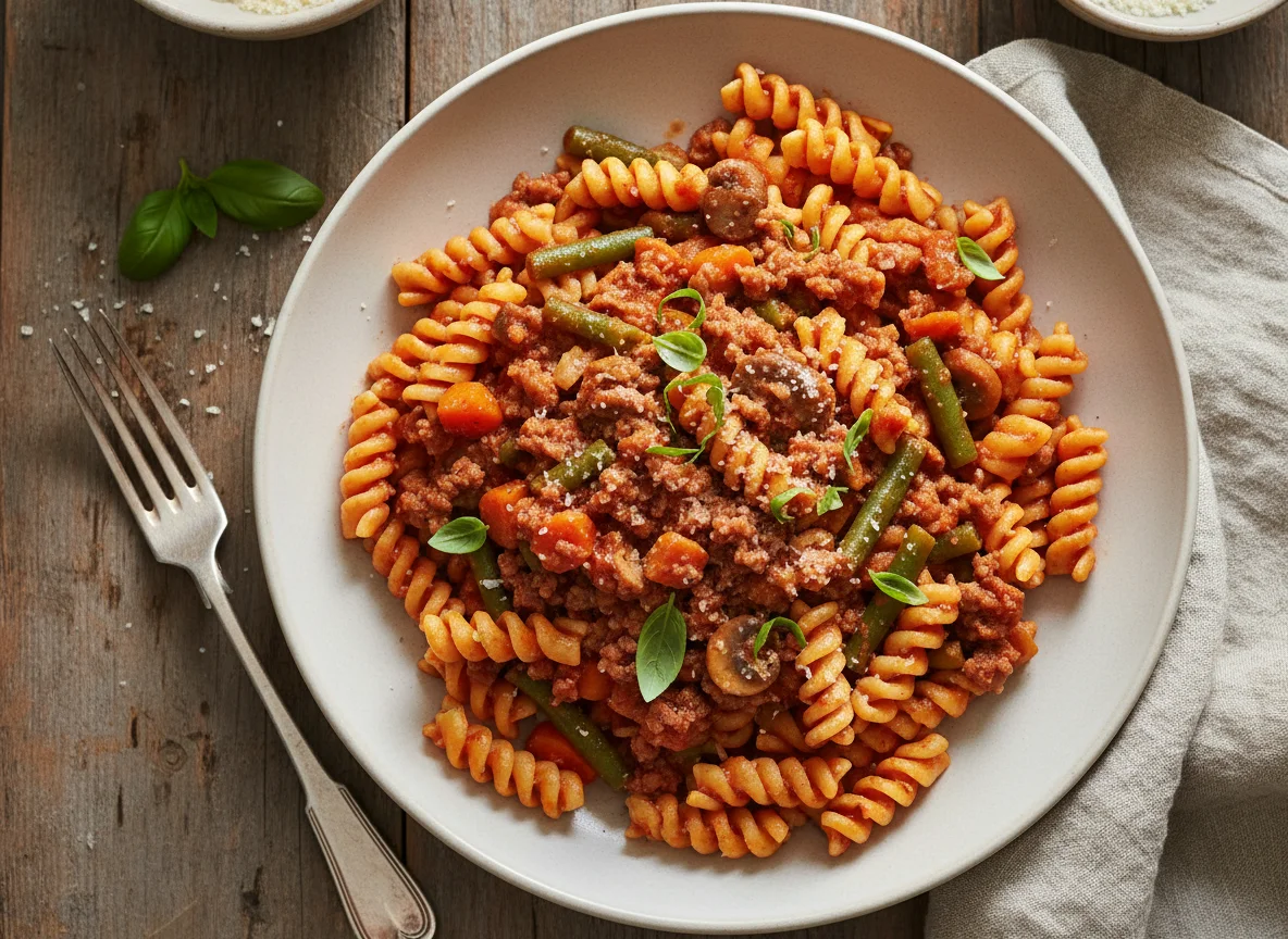 Fusilli Pasta with Meat and Vegetable Sauce photo