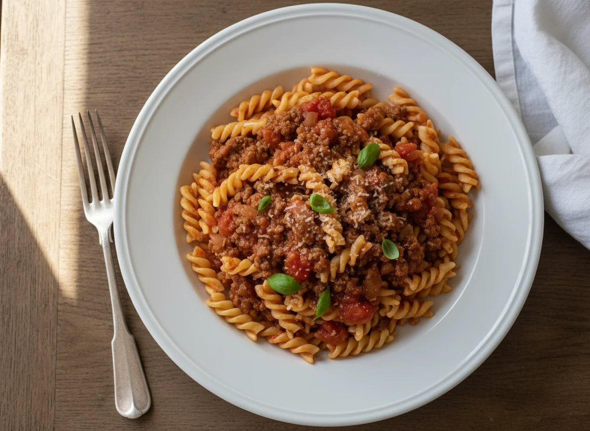 Fusilli pasta with meat sauce photo