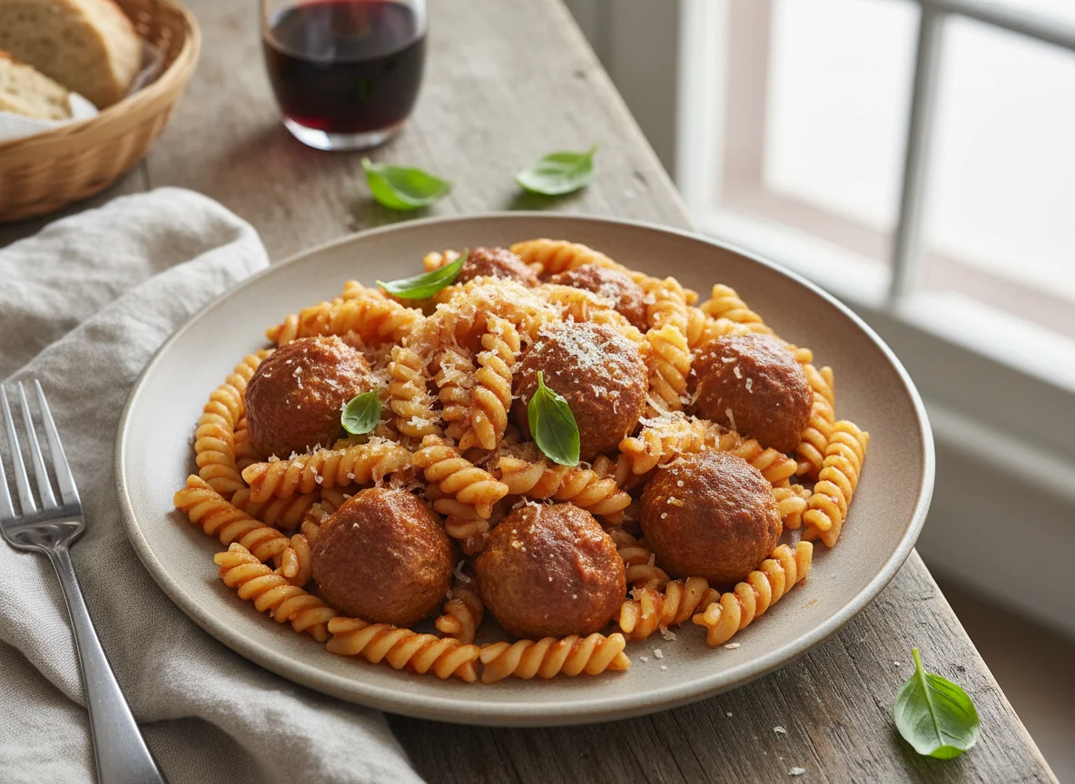 Fusilli Pasta with Meatballs and Tomato Sauce photo