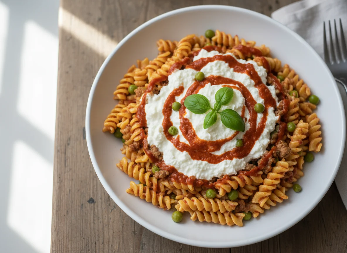 Fusilli pasta with ricotta and hot sauce photo