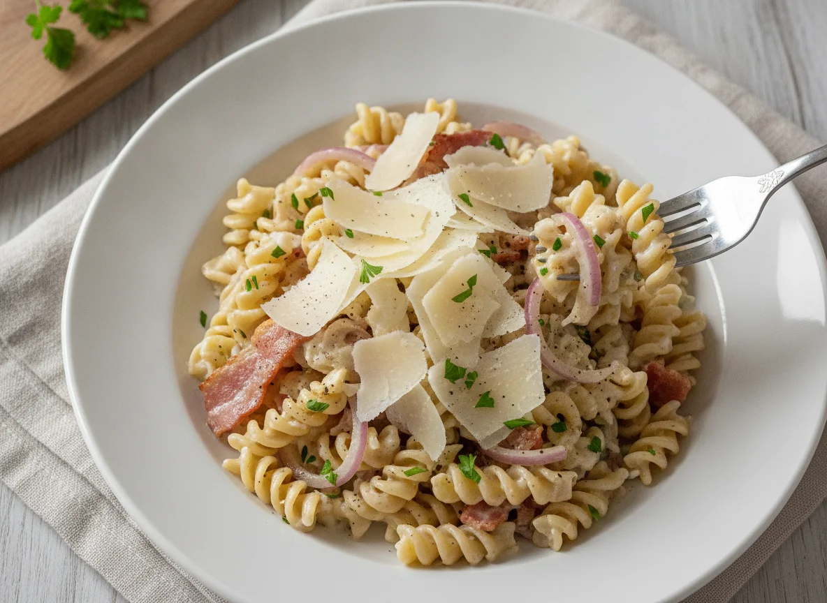 Fusilli Pasta with Smoked Bacon and Parmesan photo