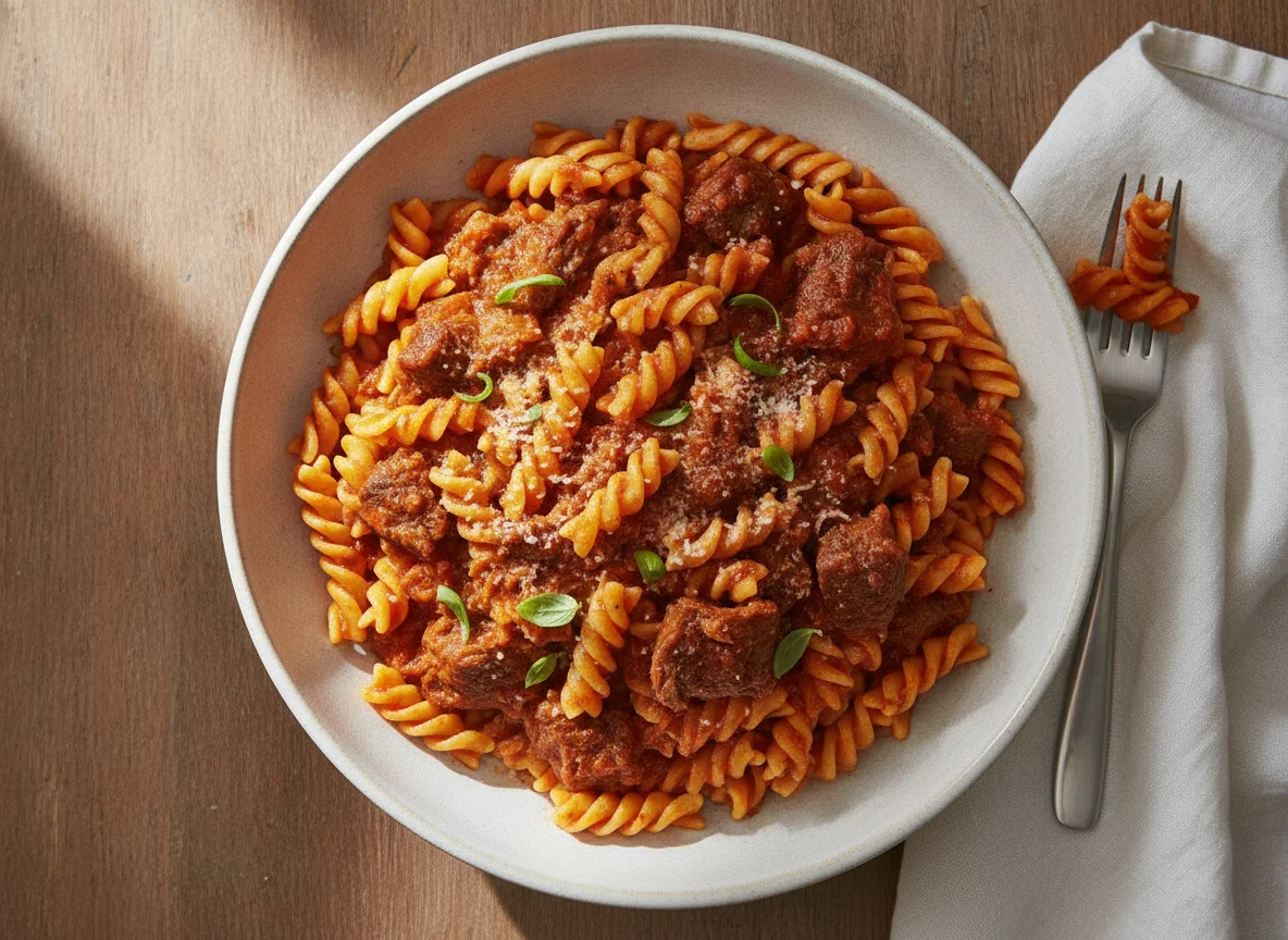 Fusilli pasta with tomato sauce and beef photo