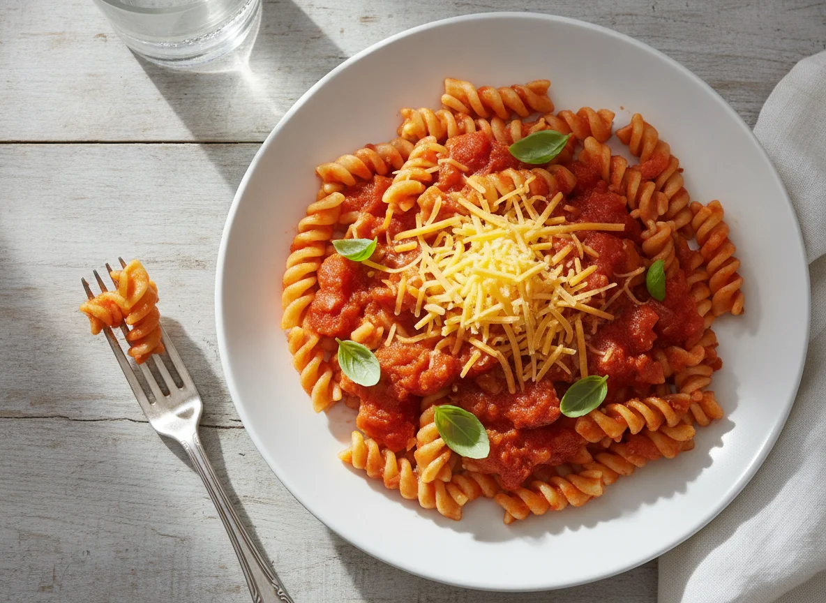 Fusilli pasta with tomato sauce and cheese photo