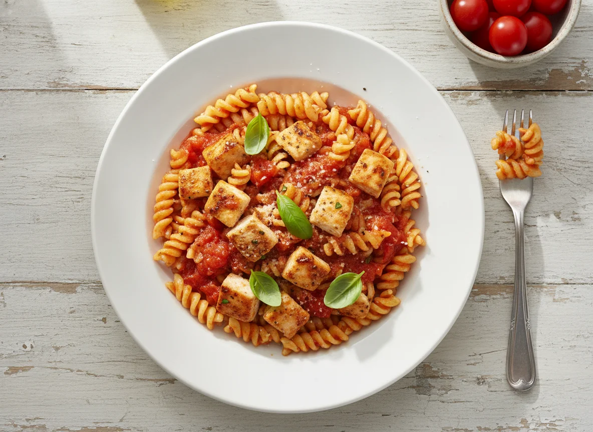 Fusilli Pasta with Tomato Sauce and Chicken photo