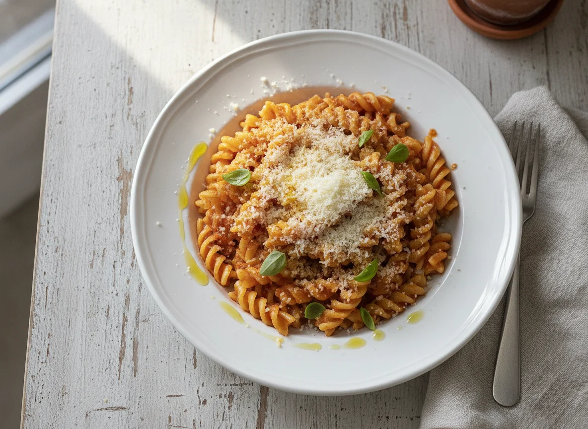 Fusilli pasta with tomato sauce and parmesan photo