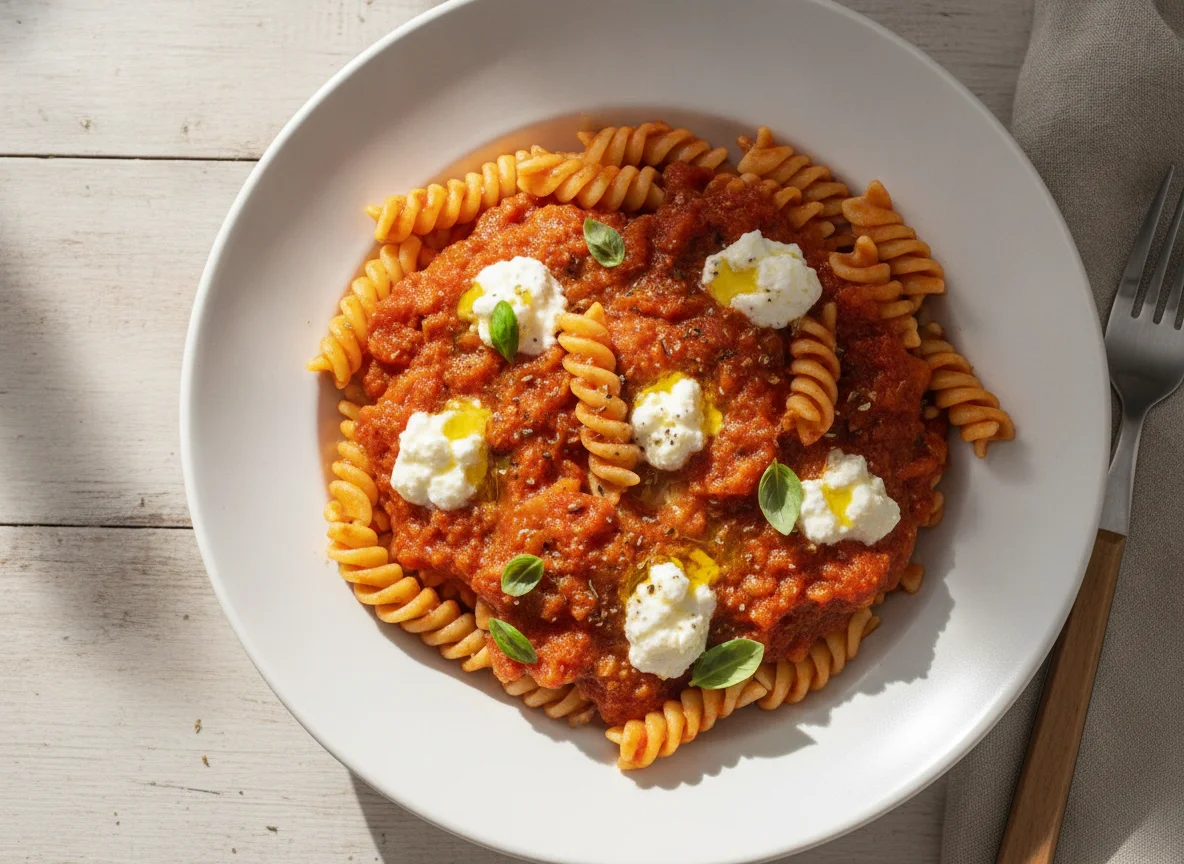 Fusilli Pasta with Tomato Sauce and Ricotta photo