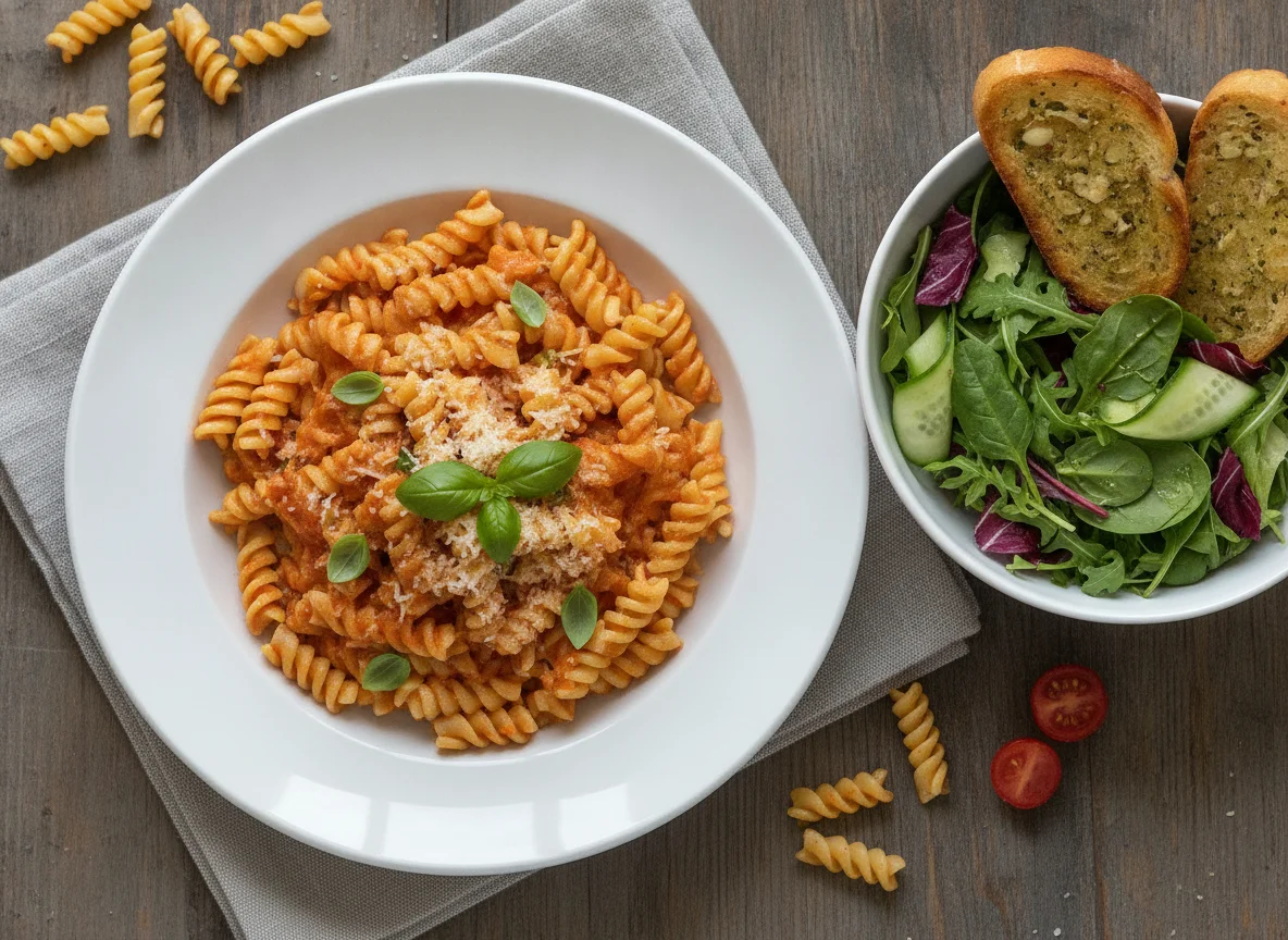 Fusilli pasta with tomato sauce and side salad photo