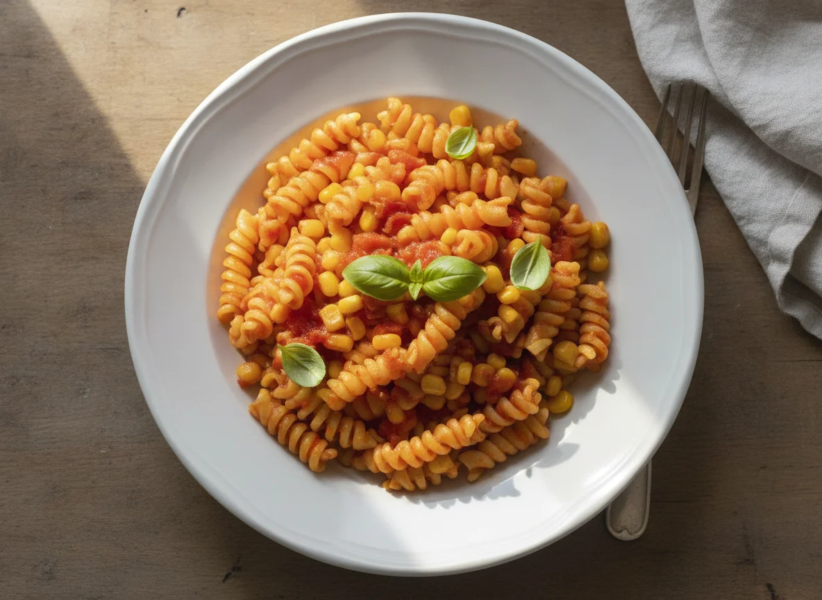Fusilli pasta with tomato sauce and sweetcorn photo