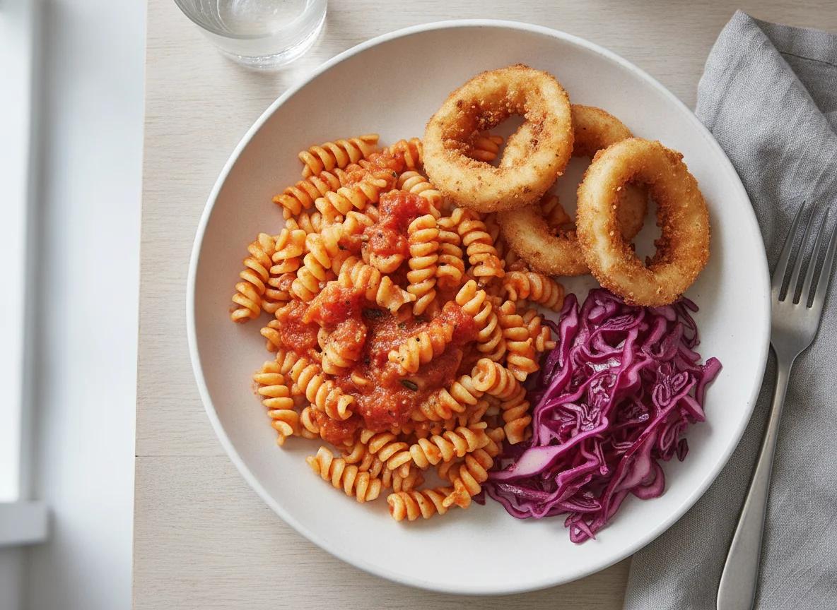 Fusilli pasta with tomato sauce, fried rings, and red cabbage salad photo