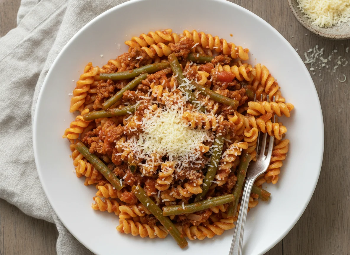 Fusilli pasta with tomato sauce, green beans and grated cheese photo