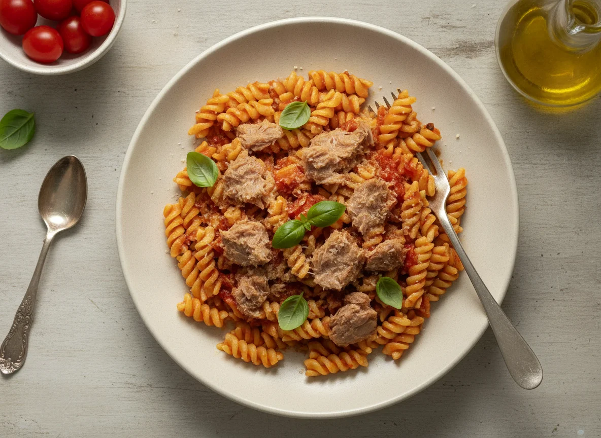 Fusilli pasta with tuna and tomato sauce photo
