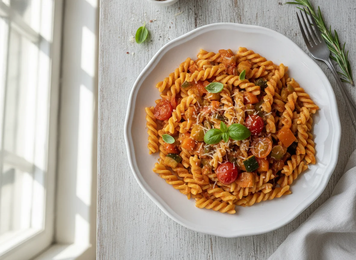 Fusilli pasta with vegetable sauce photo