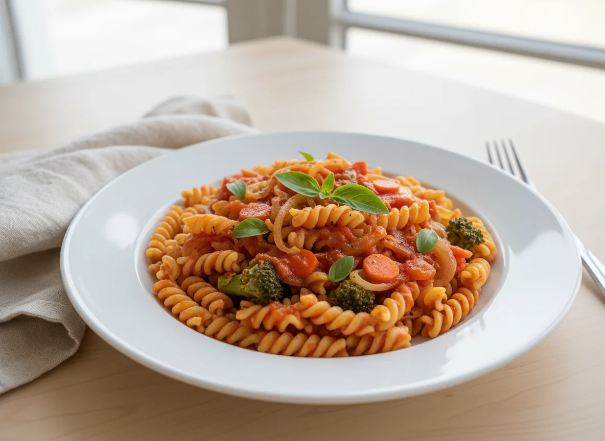 Fusilli pasta with vegetables and tomato sauce photo