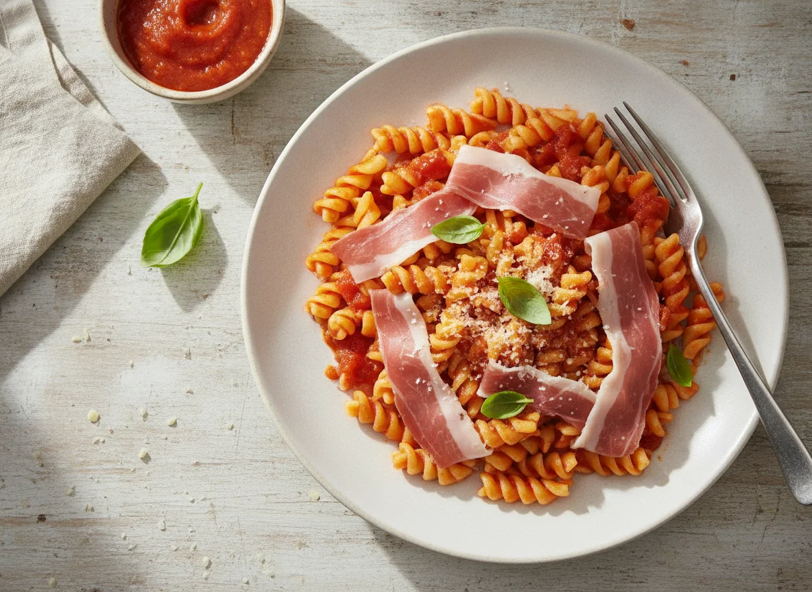 Fusilli with Tomato Sauce and Cured Ham photo