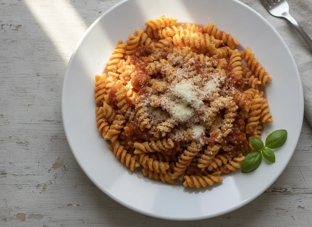 Fusilli with Tomato Sauce and Grated Cheese photo