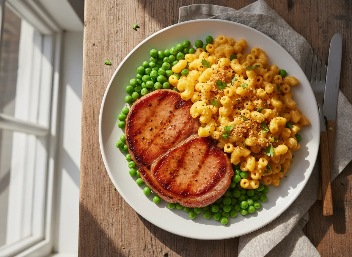 Gammon and Macaroni Cheese with Peas photo