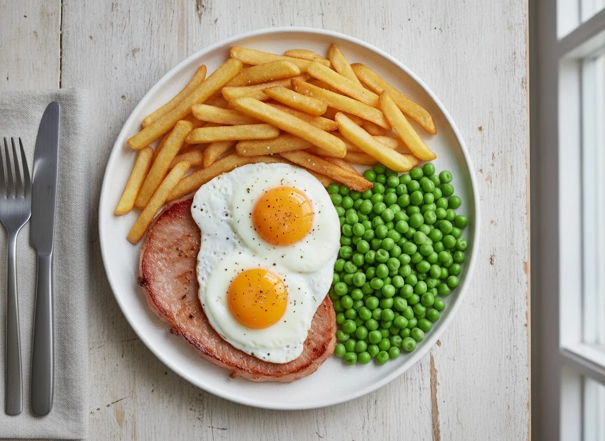 Gammon, Egg and Chips with Peas photo