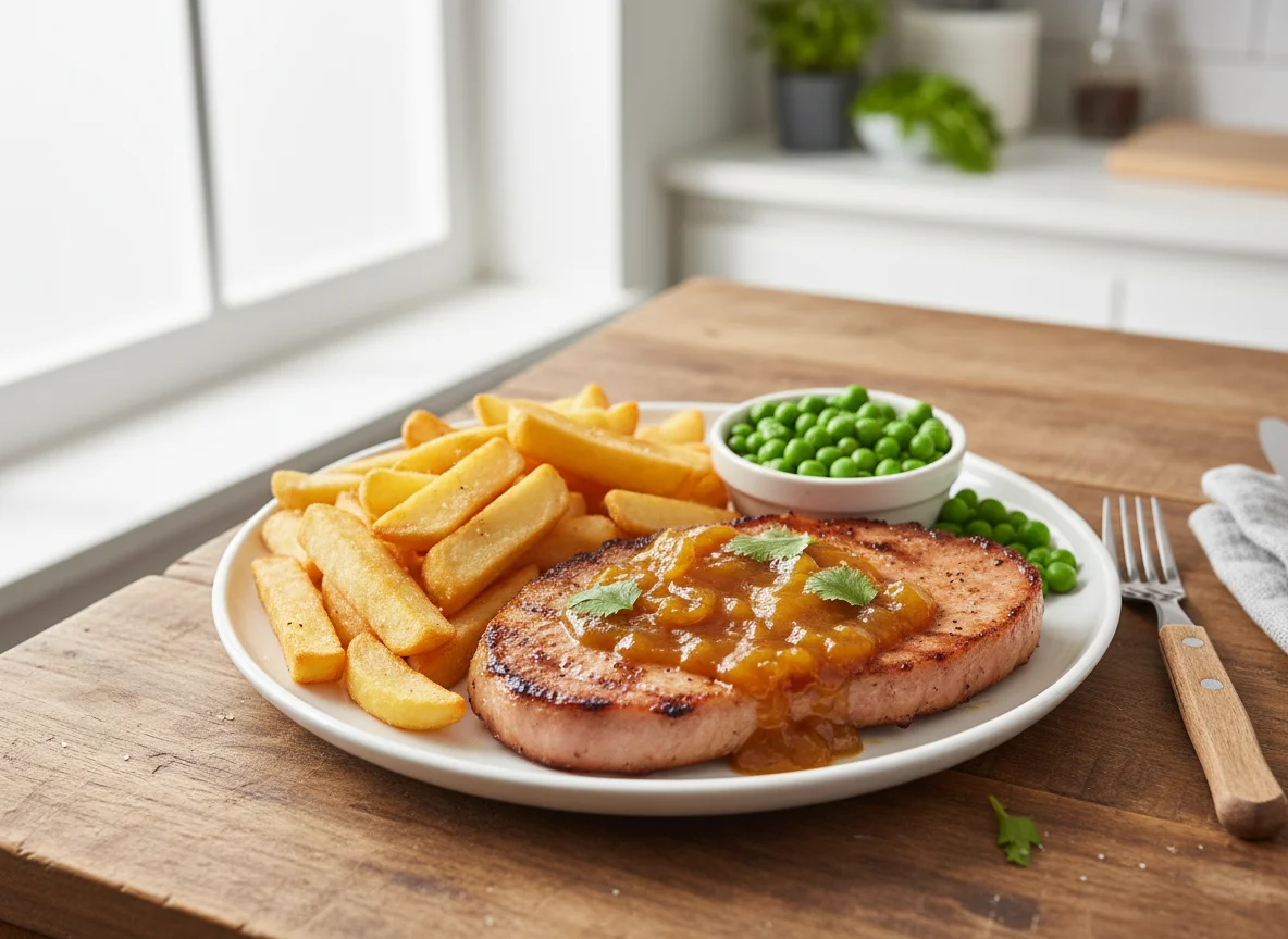 Gammon steak with chips and peas photo