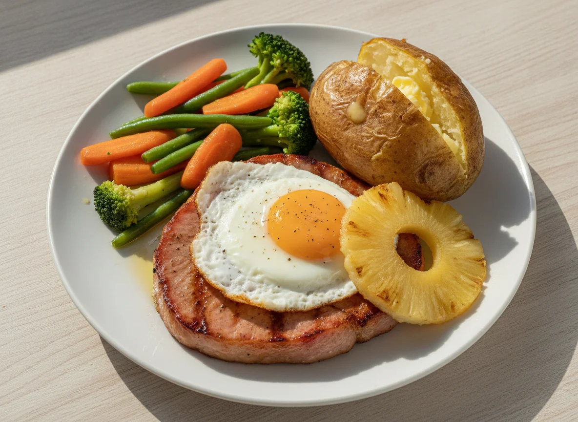 Gammon steak with fried egg, pineapple, jacket potato and mixed vegetables photo