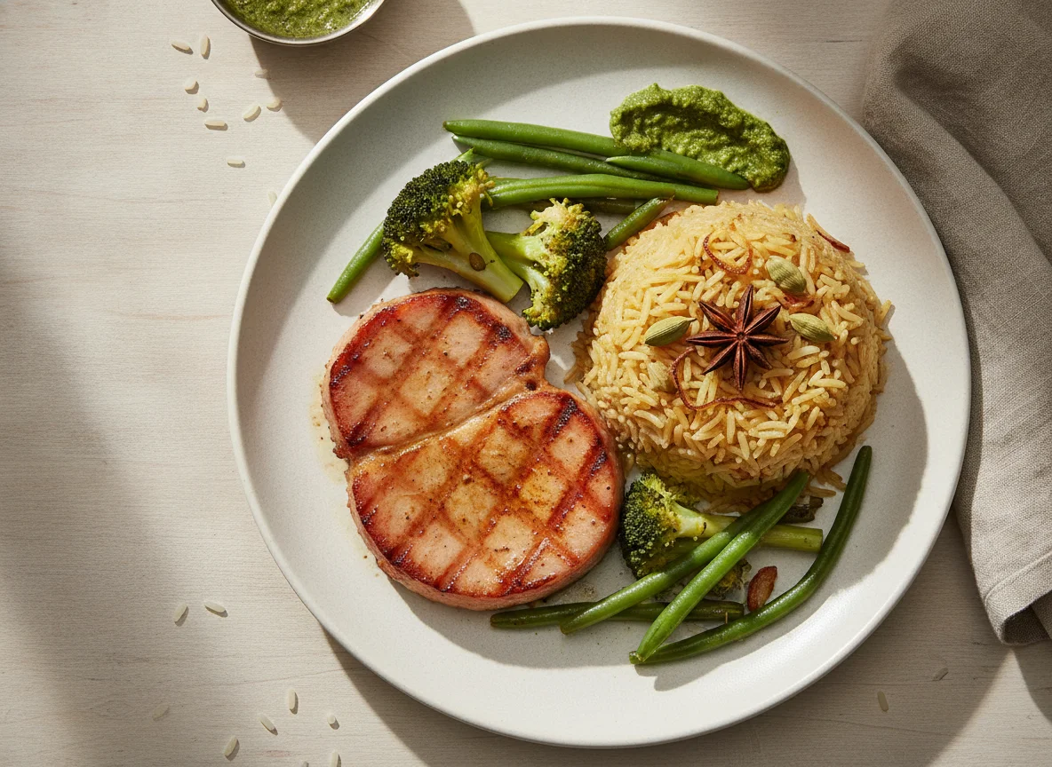 Gammon steak with pilau rice and green vegetables photo