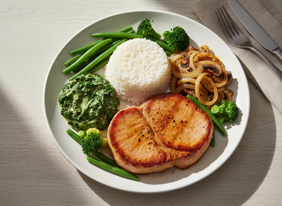 Gammon steak with rice and vegetables photo