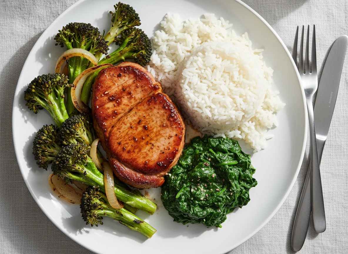 Gammon steak with rice, creamed spinach, roasted broccoli, and onions photo