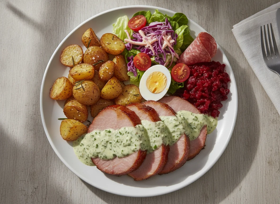Gammon with Parsley Sauce, Roasted Potatoes, and Salad photo