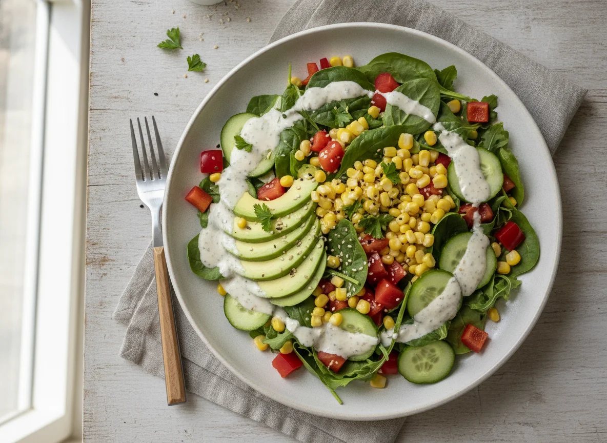 Garden Salad with Avocado and Yogurt Tahini Dressing photo