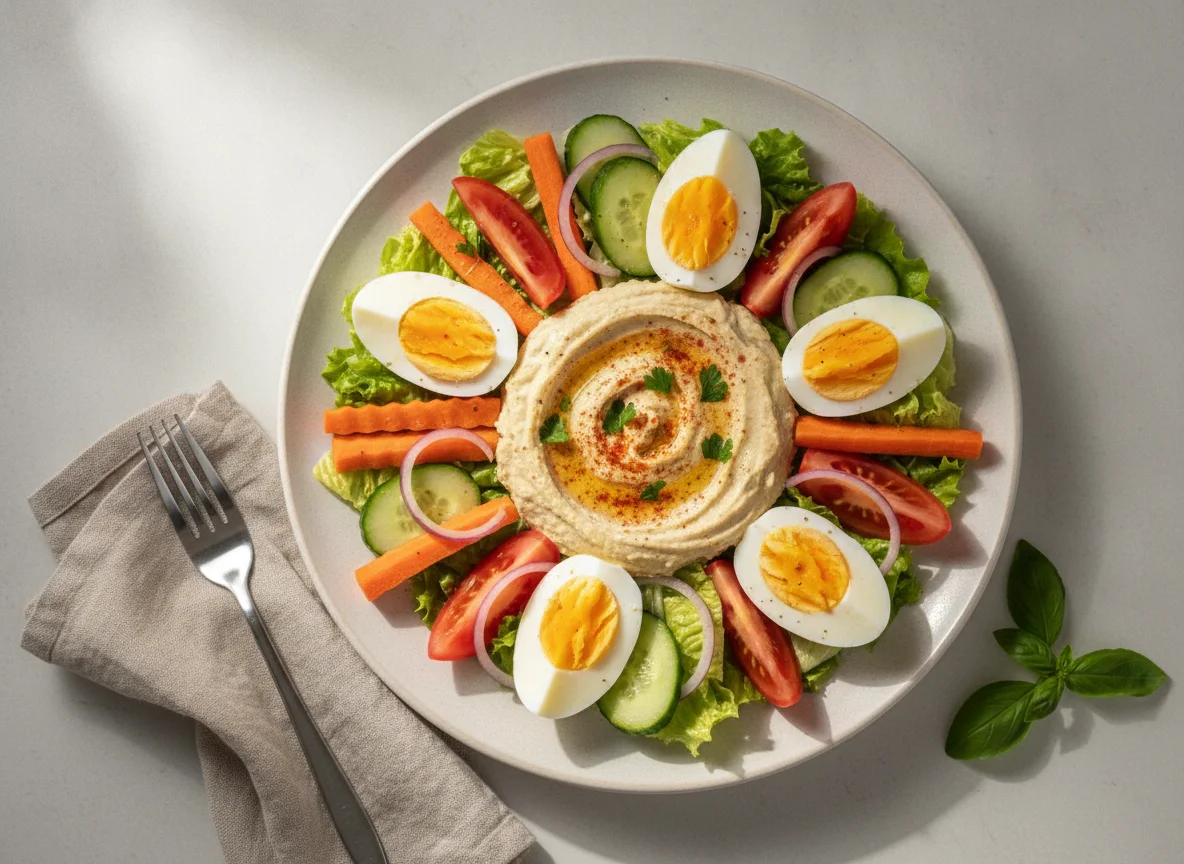 Garden salad with boiled egg and hummus photo