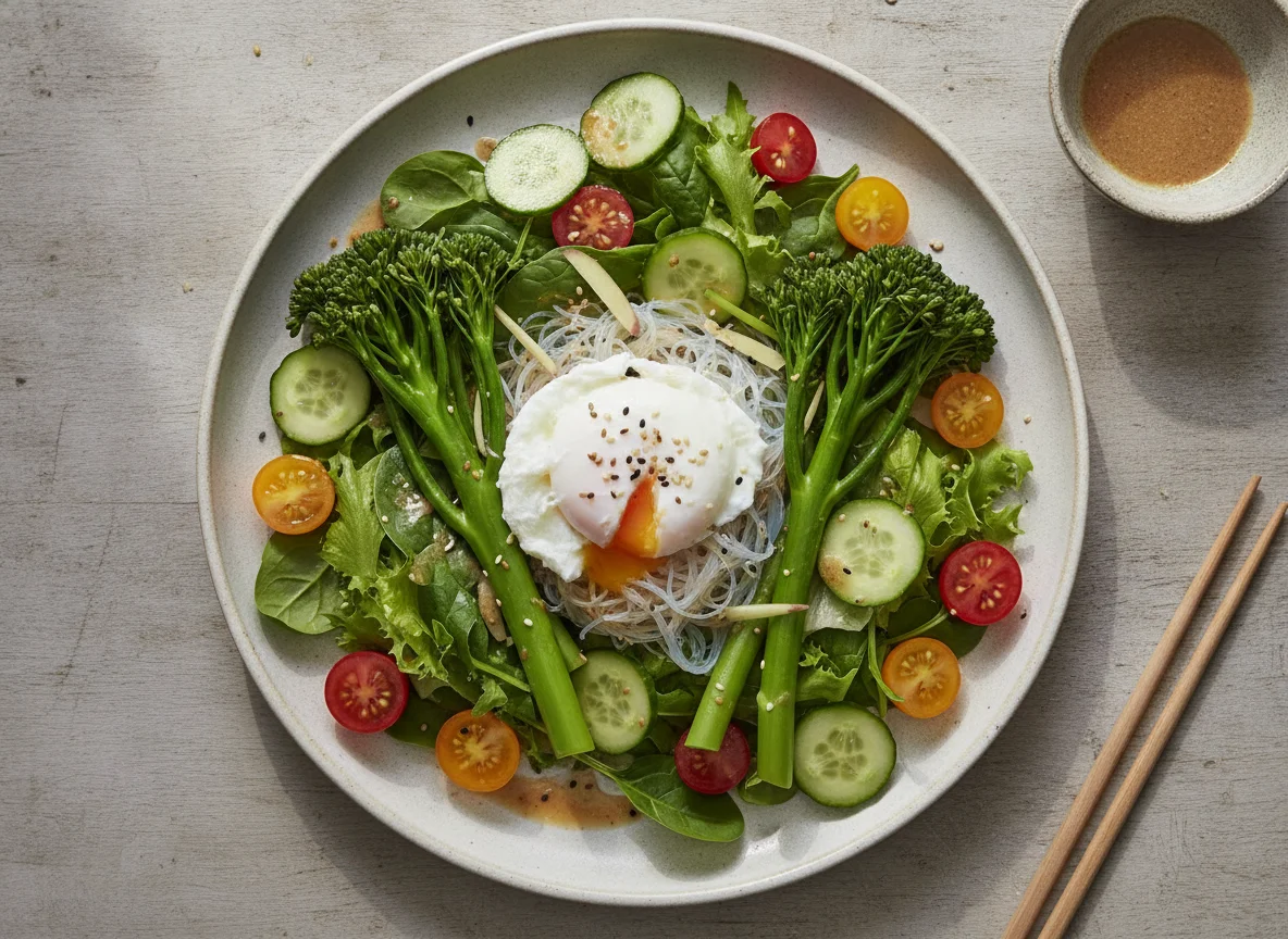 Garden Salad with Broccolini and Poached Egg photo