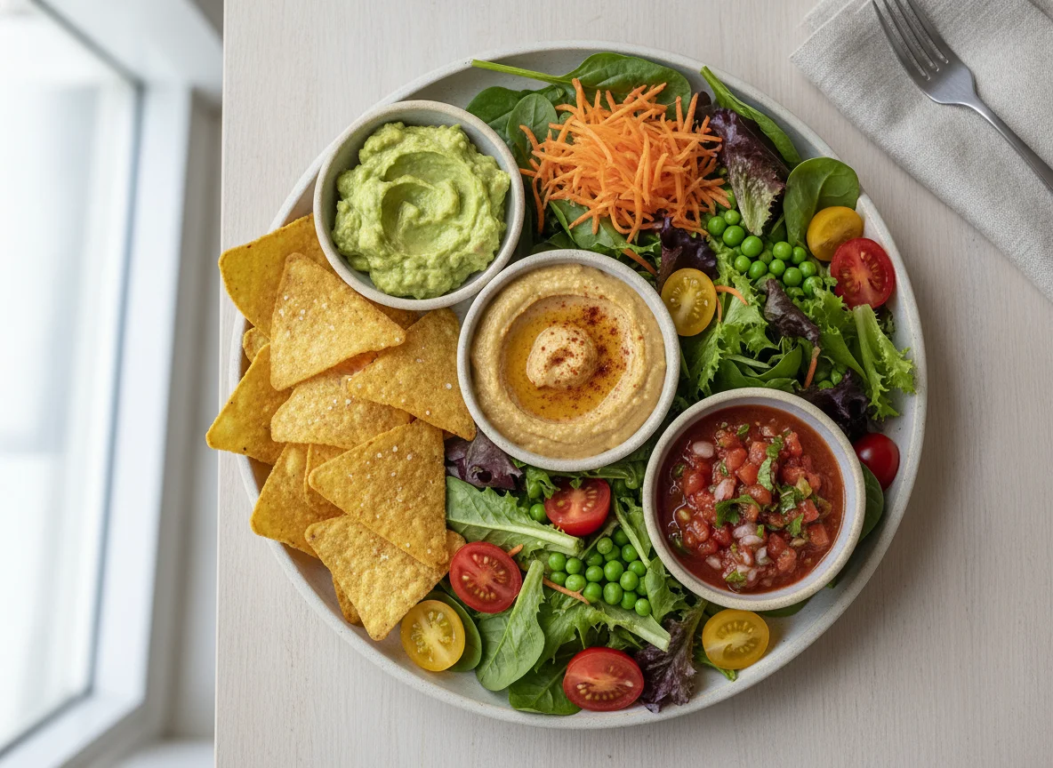 Garden salad with corn chips and dips photo