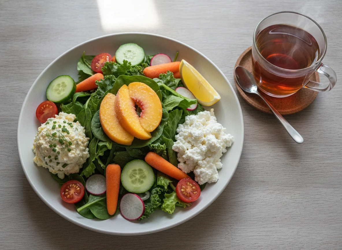 Garden salad with egg salad, cottage cheese, frozen peaches, and tea photo