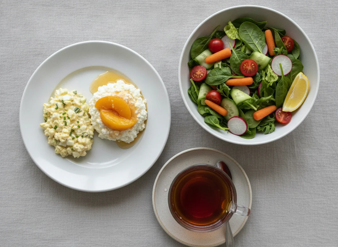 Garden Salad with Egg Salad, Cottage Cheese with Peaches, and Tea photo
