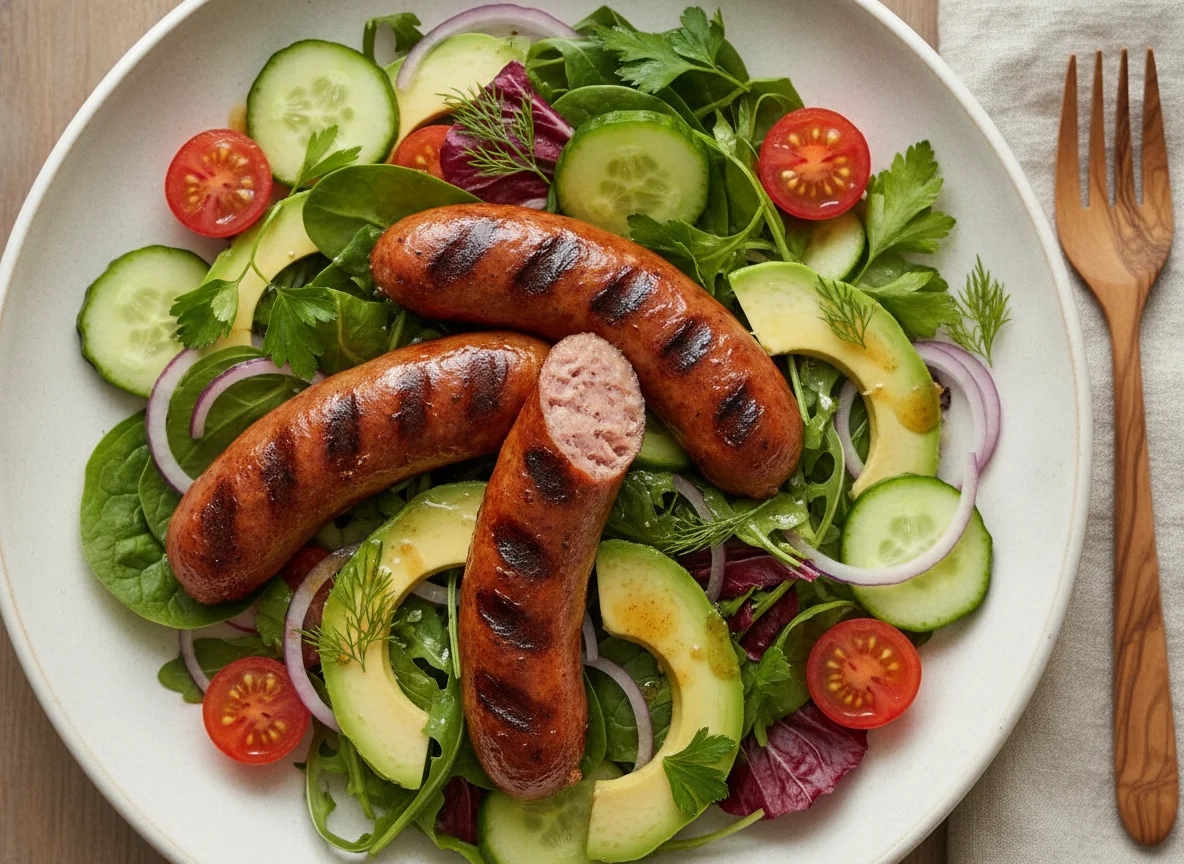 Garden salad with grilled sausages photo