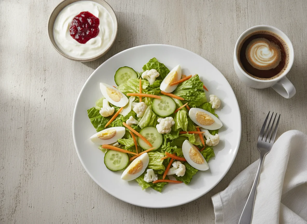 Garden Salad with Hard Boiled Eggs, Yogurt, and Coffee photo