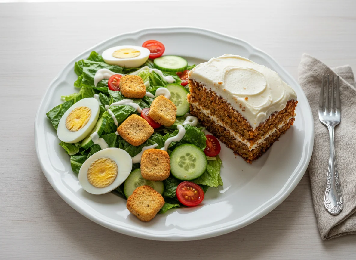 Garden Salad with Hard-Boiled Eggs and Carrot Cake photo