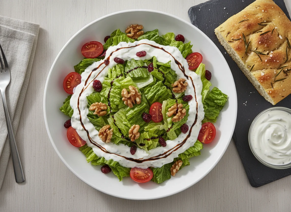 Garden salad with yogurt dressing and focaccia bread photo