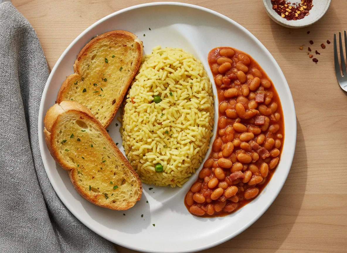 Garlic Bread with Rice and Baked Beans photo