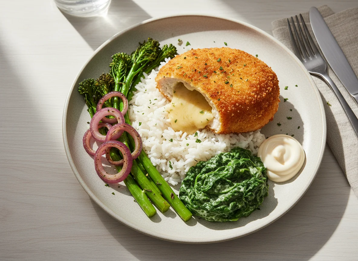 Garlic Chicken Kiev with Creamed Spinach, Rice, Broccolini, and Red Onion photo