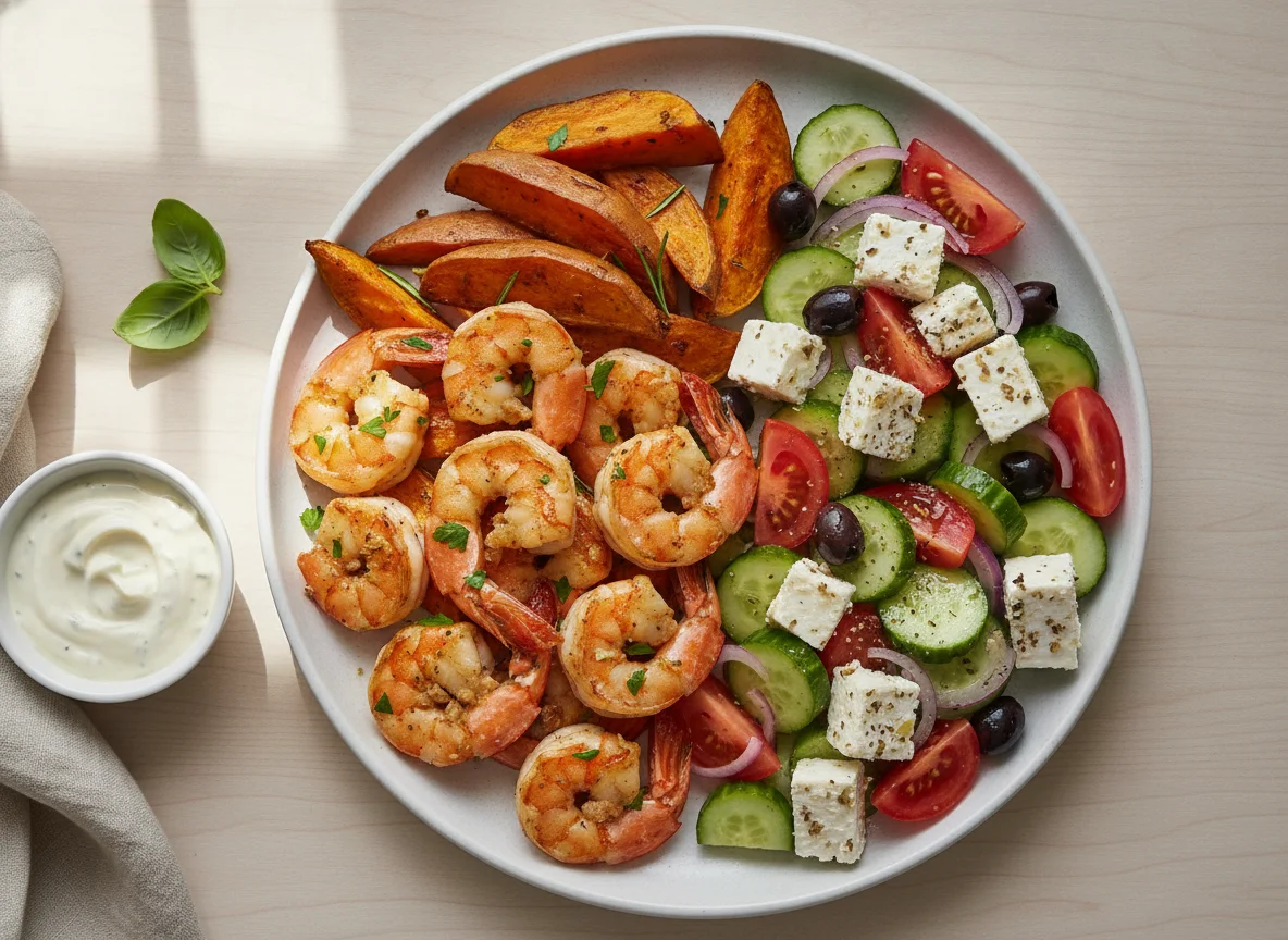 Garlic Prawns with Roasted Sweet Potato and Greek Salad photo