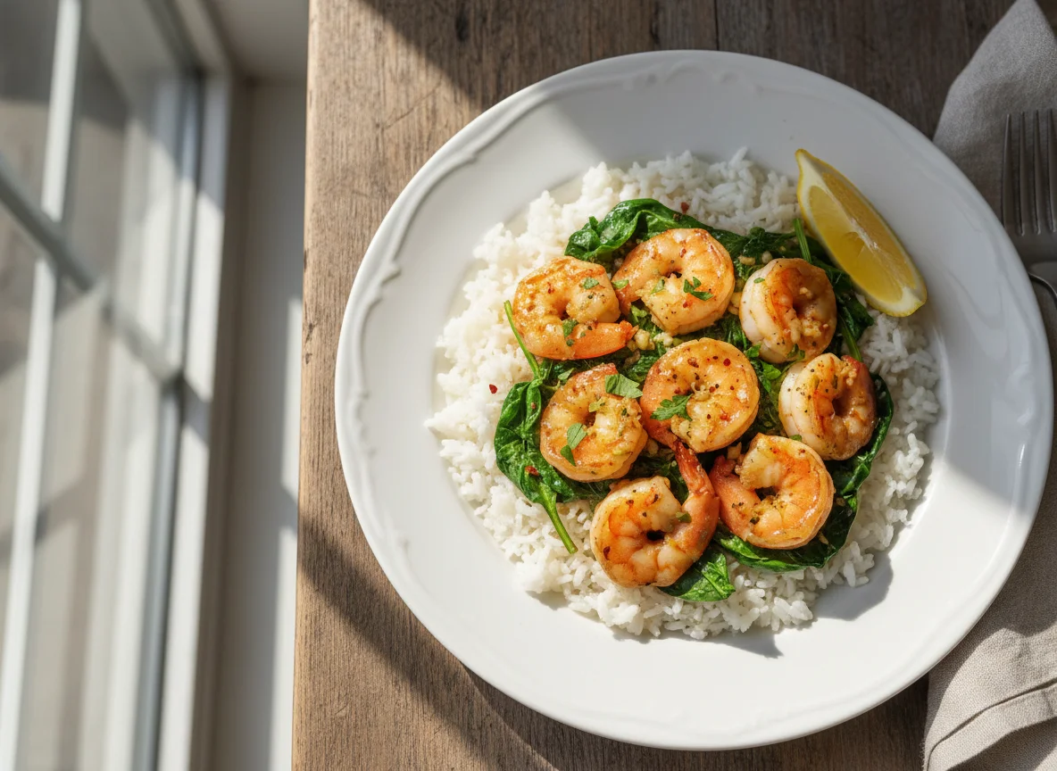 Garlic Shrimp with Rice and Spinach photo