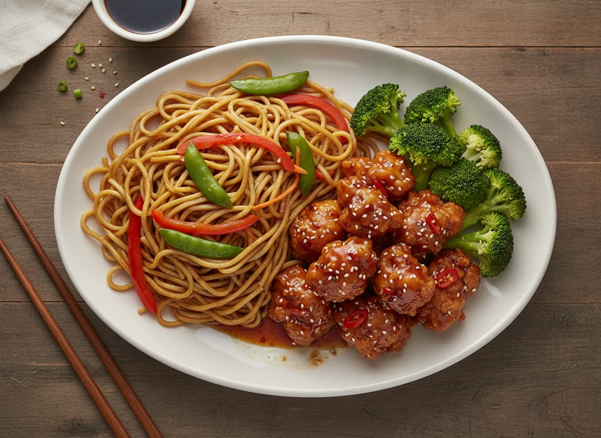 General Tao Chicken with Chow Mein and Broccoli photo