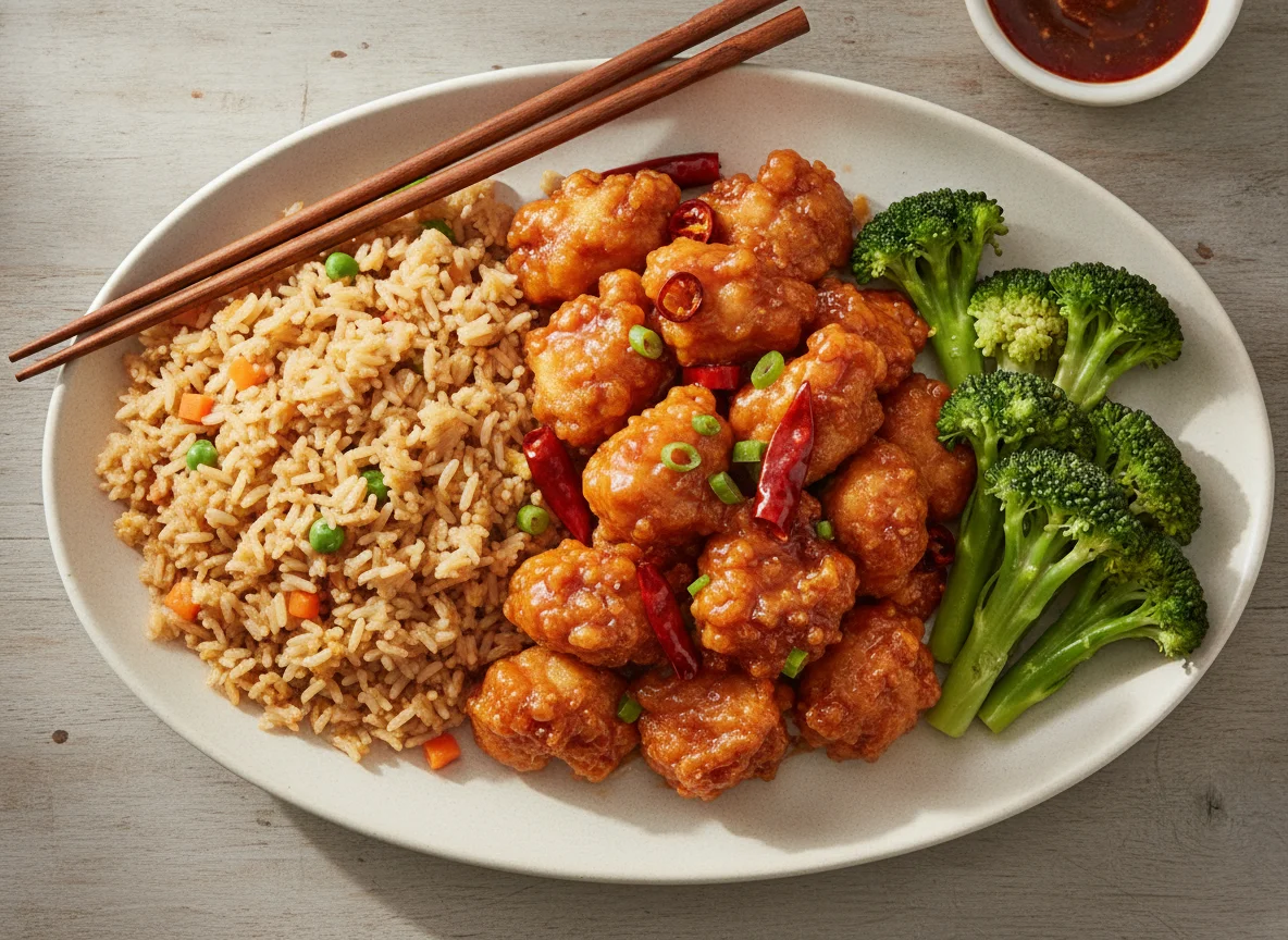 General Tso's Chicken with Fried Rice and Broccoli photo